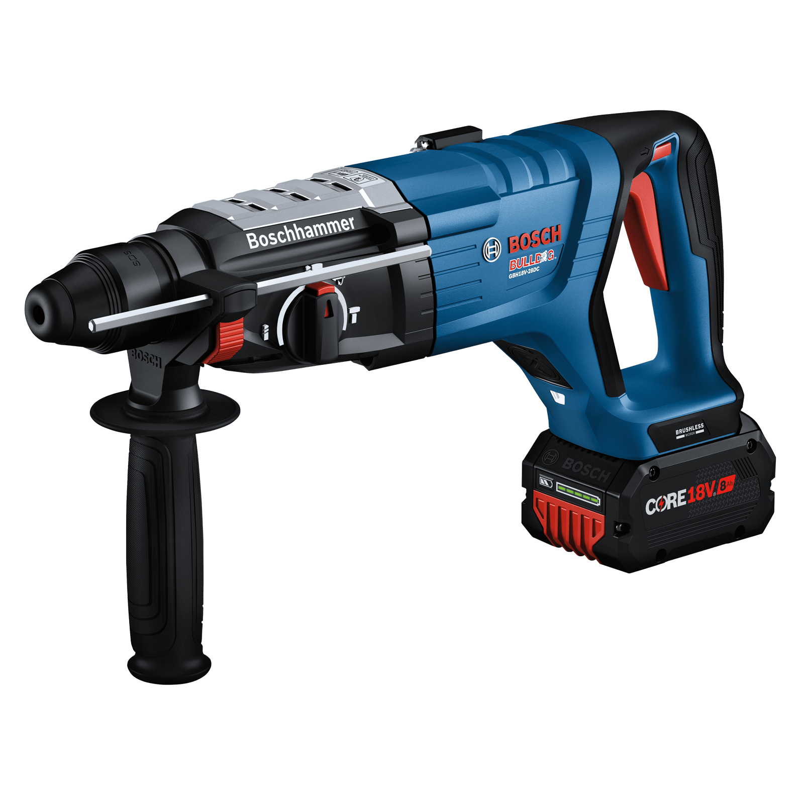A blue Bosch Professional cordless hammer with a black handle and battery.