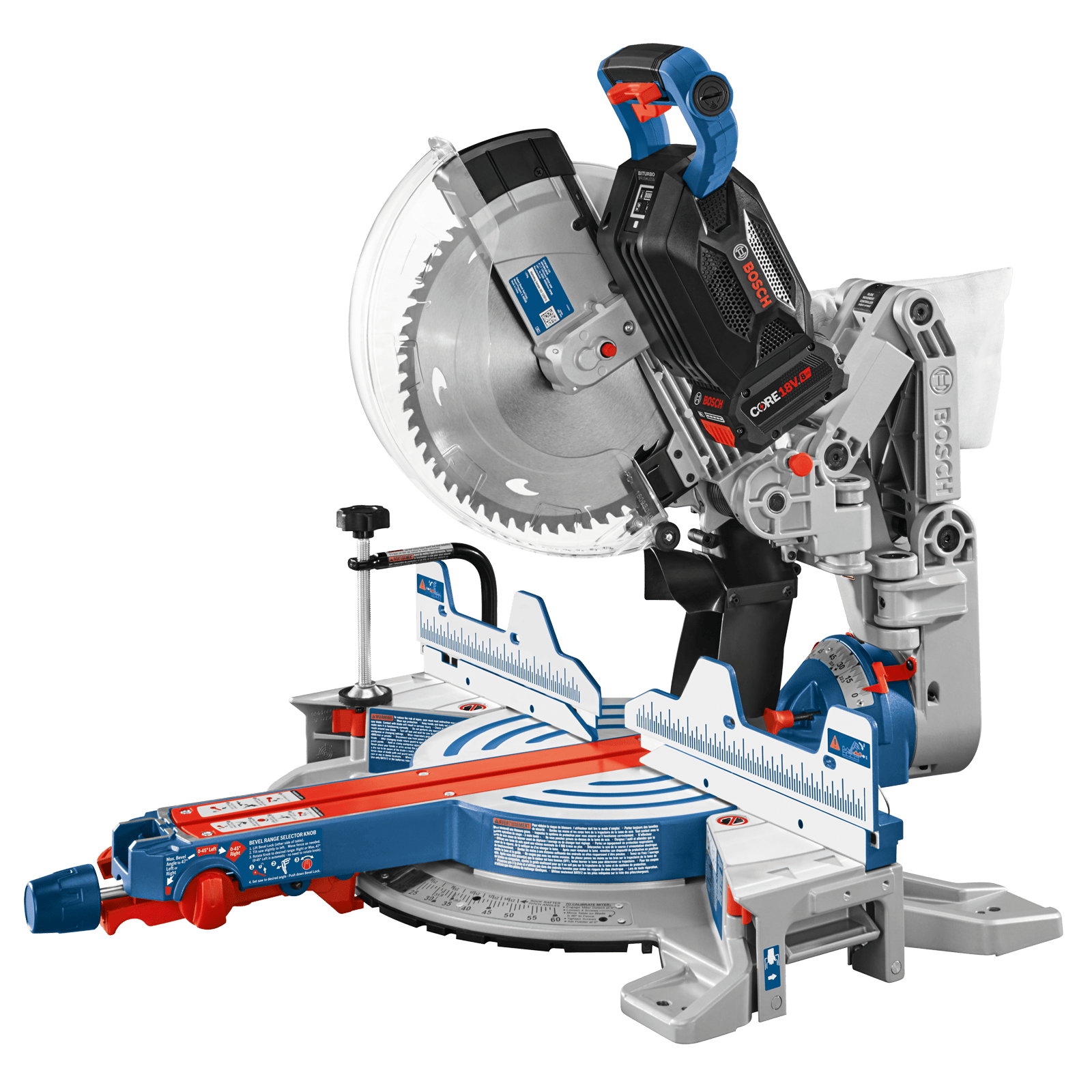 Una sierra ingletadora Bosch Professional con diseño rojo y azul, hoja afilada.