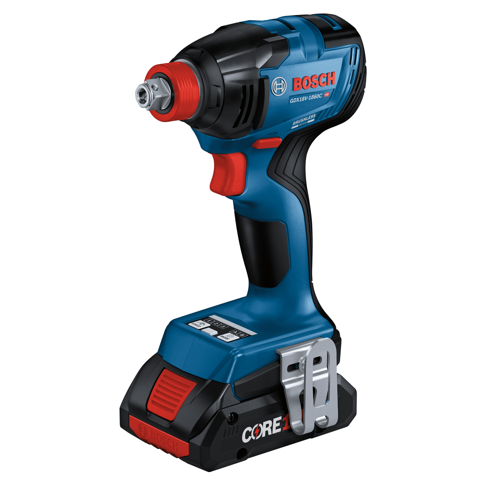 Bosch Professional cordless screwdriver in blue with a red tip on a black background.