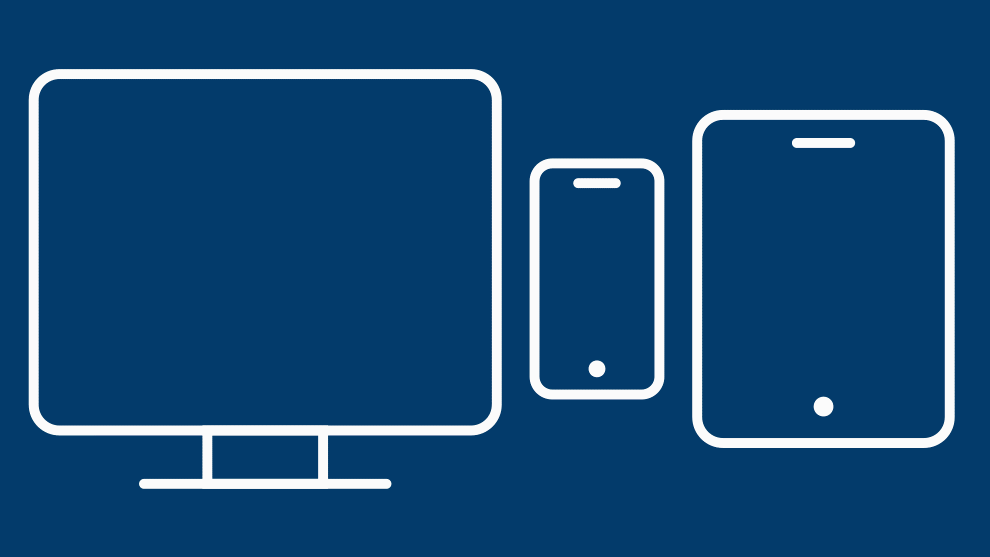 Three device silhouettes: monitor, smartphone, tablet on blue surface.