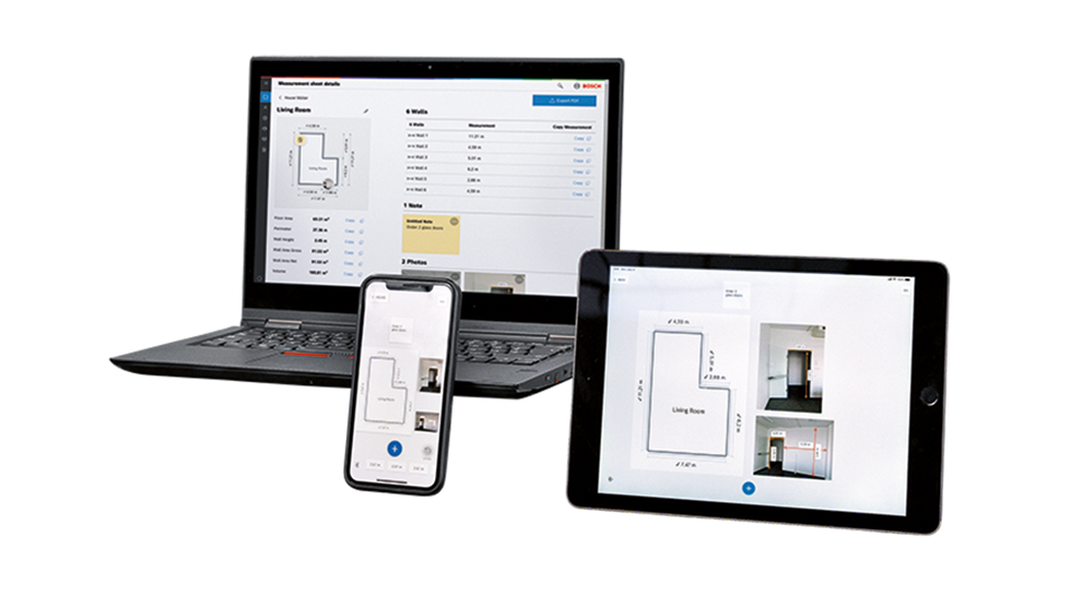 Three devices show room plans: Laptop, smartphone, and tablet.