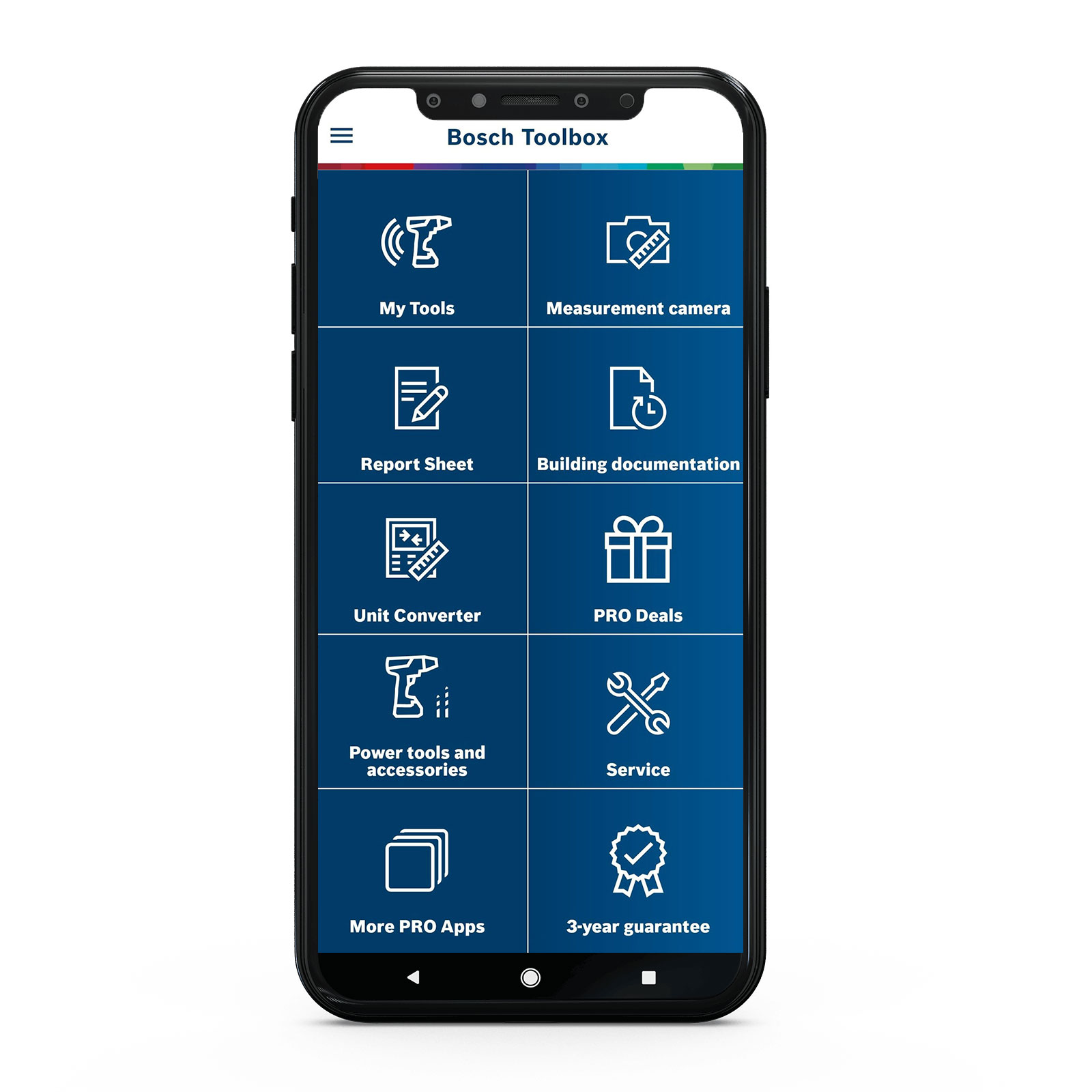 A smartphone displays the Bosch Toolbox app with various features.