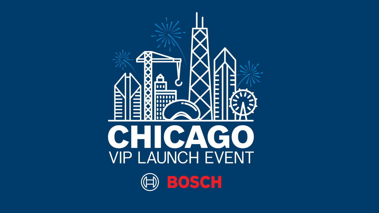 Logo with Chicago skyline, fireworks, Bosch VIP launch event
