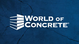 Logo of World of Concrete on a blue background with crack pattern.