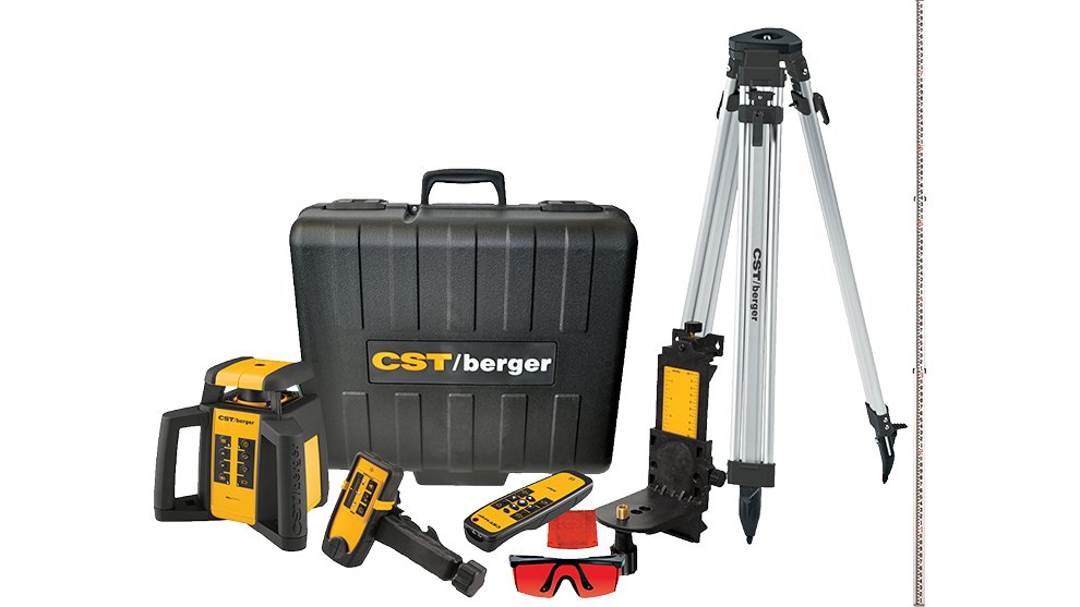 Juego de herramientas CST/berger con maletín, trípode y varios dispositivos de medición.