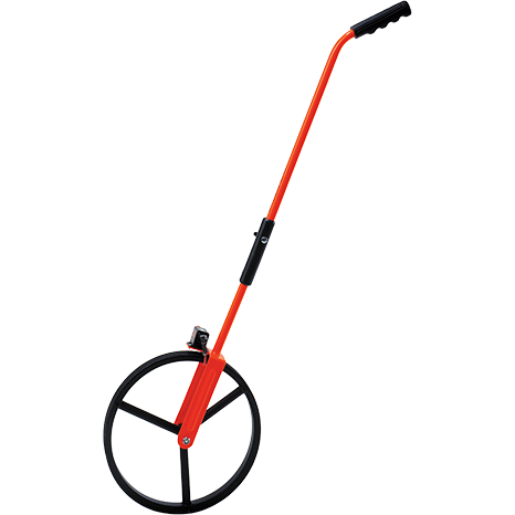 A red measuring stick with a black handle and wheels stands isolated.