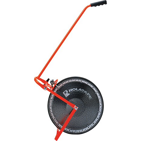 A red Rolatape measuring wheel stands on a white background.