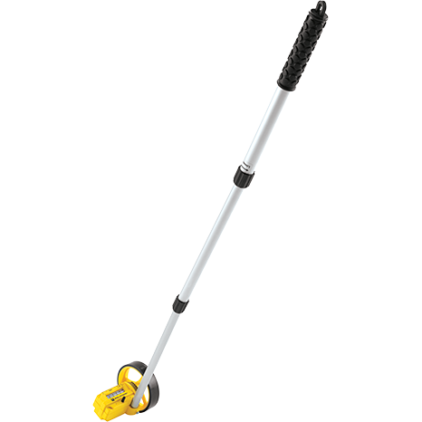 Yellow Bosch Professional measuring tape with handle on gray background.