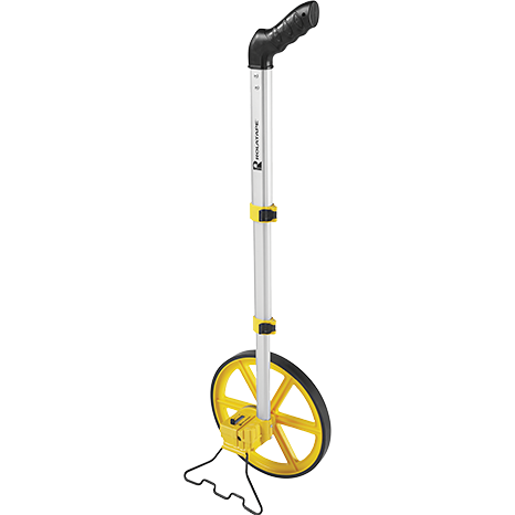 A yellow measuring wheel with an aluminum handle stands on a white background.