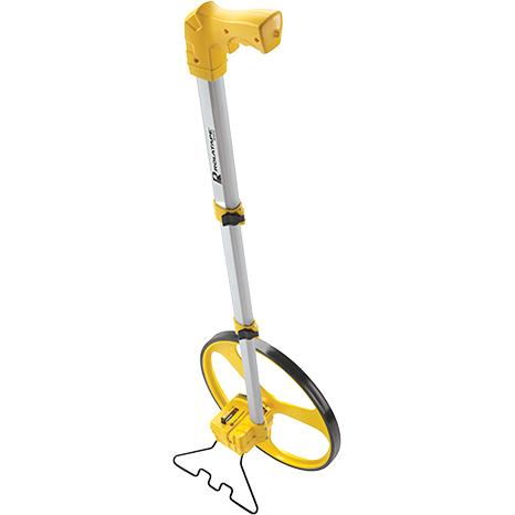 A yellow Bosch Professional measuring tape with a large wheel stands on a white background.