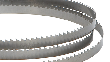 Three metal bandsaws with serrated edges are stacked on top of each other.