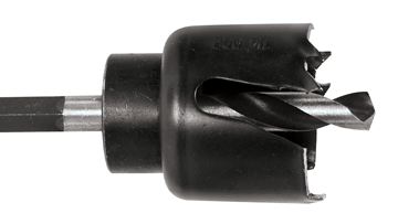 A black Bosch Professional hole cutter with a spiral drill.