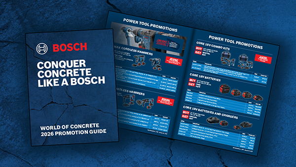 A blue background with an open brochure sheet from Bosch showing tool offers.