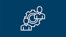 Deux figures stylisées à côté d'un engrenage sur fond bleu.