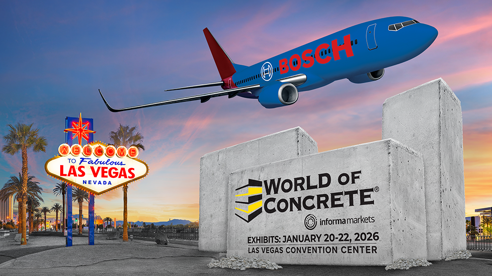 A blue airplane with a "Bosch" logo flies over a "Welcome to Fabulous Las Vegas" sign and concrete blocks.
