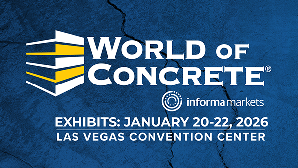 Logo of "World of Concrete" with blue background color, data and location of the exhibition provided.