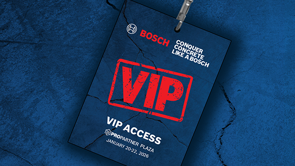 A VIP access badge from Bosch, blue with red "VIP" text and crack design, hanging on a hook.