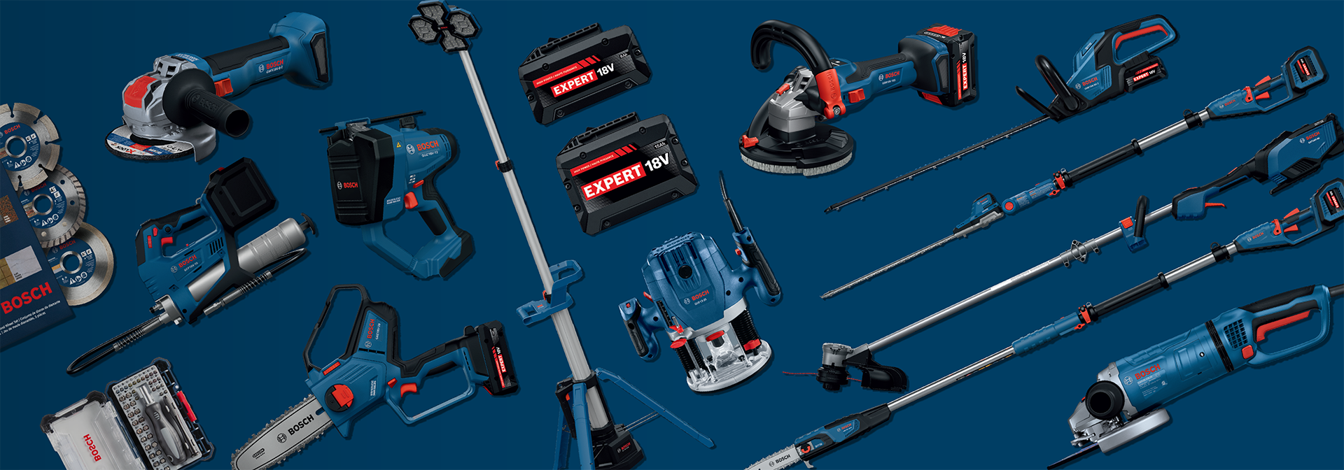 Various blue power tools from Bosch arranged on a dark blue background.