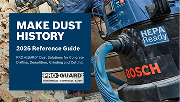 A Bosch PRO-GUARD vacuum cleaner stands next to a construction worker.