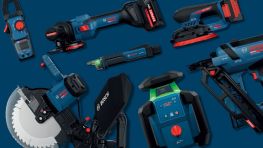 An arrangement of various blue Bosch Professional tools on a dark blue background, including a battery nailer, a laser distance measurer, a reciprocating saw, a hand circular saw, and a battery screwdriver. Some tools have red details.