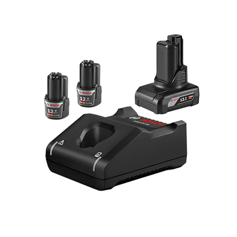 Chargeur Bosch Professional noir avec deux batteries à côté.