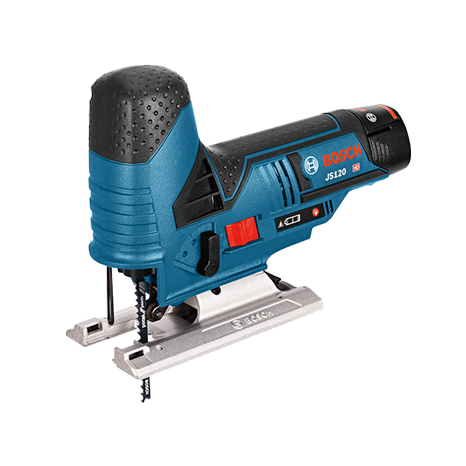 Scie sauteuse Bosch Professional JS120 bleue avec plaque de base en métal.