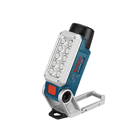 Une lampe LED bleue Bosch Professional se trouve sur un fond blanc.