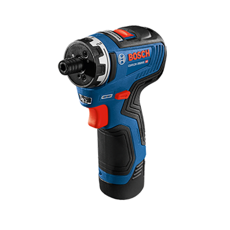 Un tournevis sans fil bleu Bosch Professional se tient sur un fond blanc.