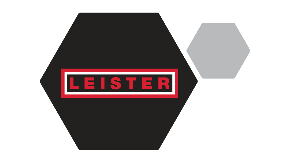 Leister logo in red and black on a gray background.