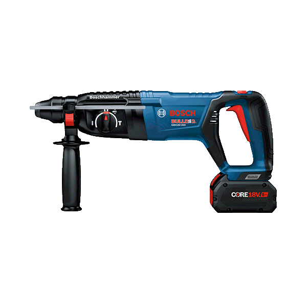 A blue Bosch Professional rotary hammer with battery and handle.