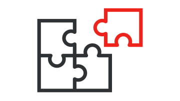 A black and red puzzle piece overlays a gray background.