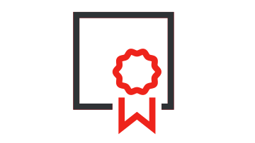 A red award symbol in front of a black background.
