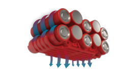 Ten red Bosch Professional battery cells arranged in two rows.