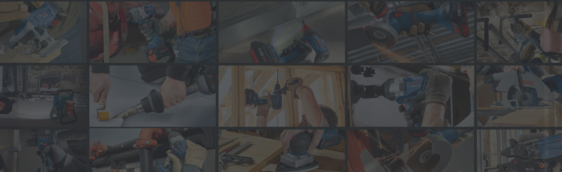Collage of Bosch Professional tools in action on construction sites.