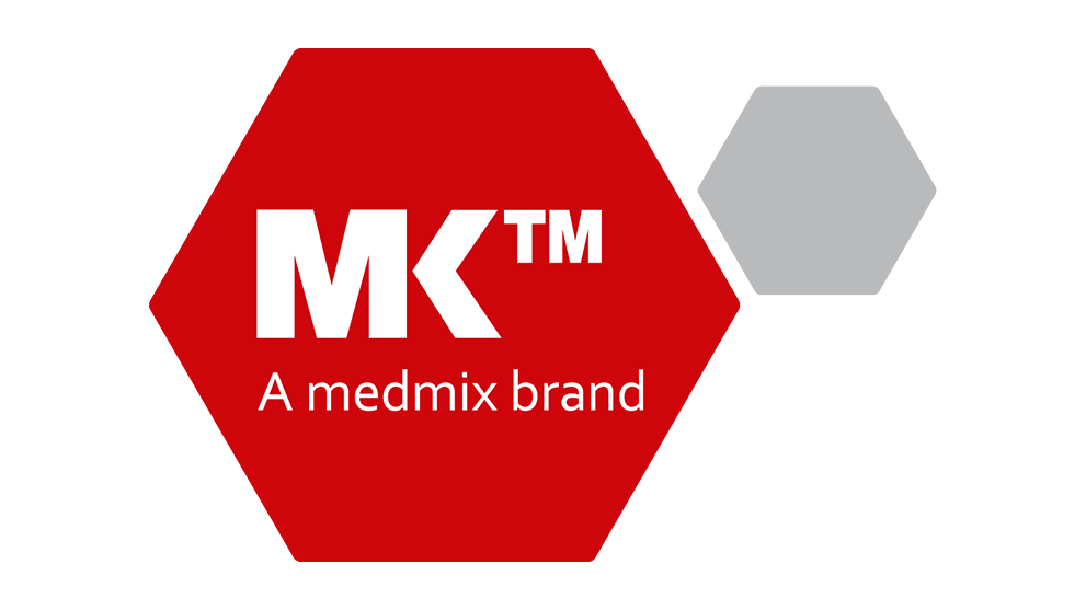 Logo of MK, a brand of medmix, in red and white.