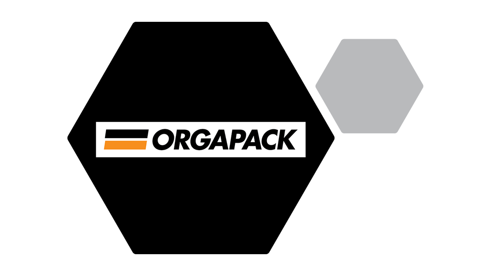 Orgapack logo in black, white, and orange on a black background.