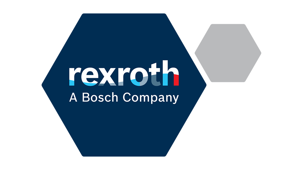 Rexroth logo on a blue background, divided by a gray shape.