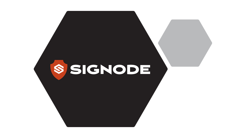 Logo of Signode with a red shield and white lettering on a black background.