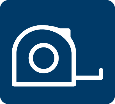 A white tape measure symbol on a blue background.