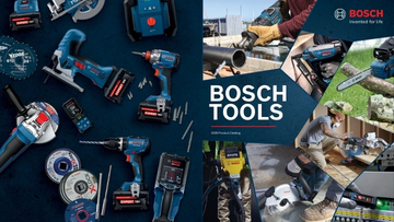 A collage shows various Bosch Professional tools in blue, including a cordless drill and saw. In the background, craftsmen are seen engaged in various activities such as drilling and cutting. The text "BOSCH TOOLS" is prominently placed.