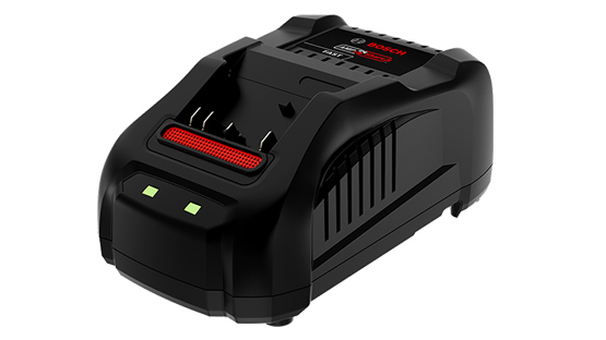 Chargeur Bosch Professional noir avec indicateur LED rouge.
