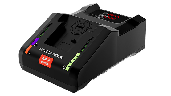 Chargeur noir Bosch Professional avec indicateurs de statut et fonction de refroidissement.