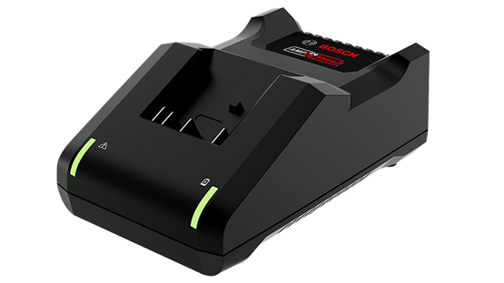 Chargeur de batterie Bosch Professional noir avec lumières LED vertes.