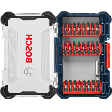 Una caja de herramientas Bosch Professional abierta con inserciones rojas y puntas.
