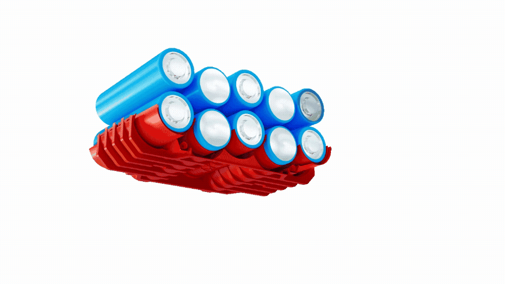 A luminous structure with red and blue cylinders arranged in a modern layout.