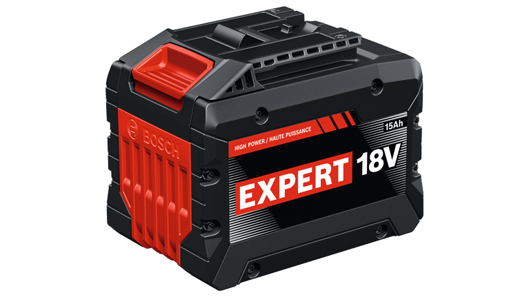 Black and red Bosch Expert 18V battery, rectangular shape, with power details and ventilation slots.