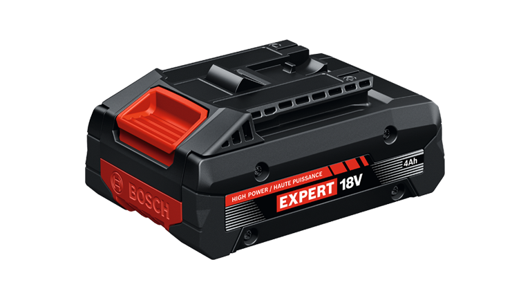 Black Bosch battery with red handle, 18V, 4Ah, for power tools, on white background.