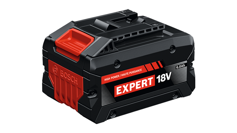 Black Bosch 18V lithium-ion battery with red handle, 6.0Ah, on white background.