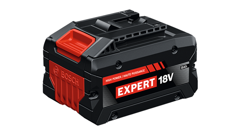 Black Bosch battery with red element, 18V, 8Ah, rectangular shape, for power tools.