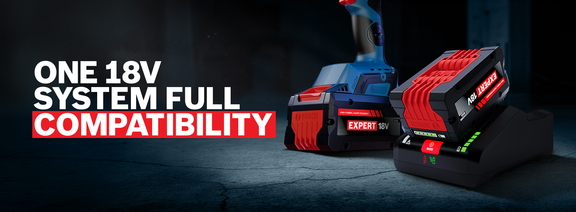 A blue cordless screwdriver stands on the left, next to two black and red batteries on a charger.